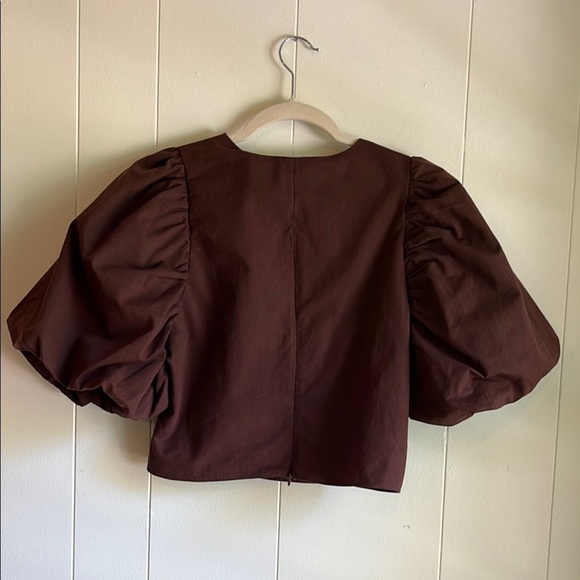 NWT Endless Rose Brown Puff Sleeve Chandler Cotton V- Neck Crop Top Blouse Sz M - Picture 10 of 11